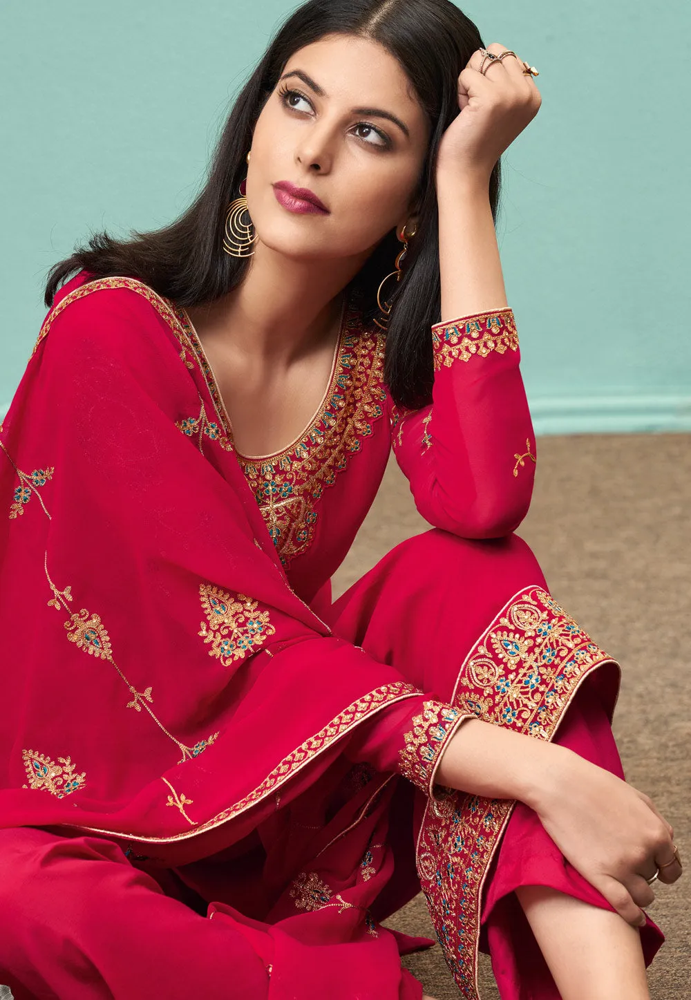Deep Pink Embroidered Pakistani Pant Suit