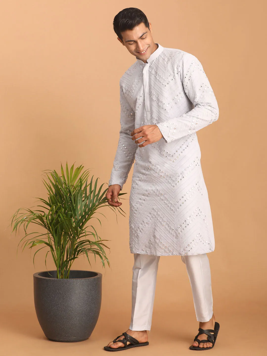 Jashvi Men's Aqua Blue Mirror Kurta Pant Set